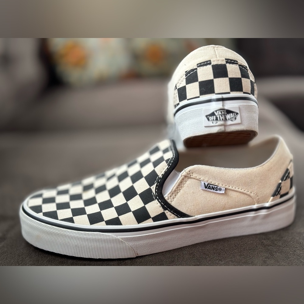 NEW VANS W 7.5 Asher, black and cream checkerboard slip ons. Retail $119